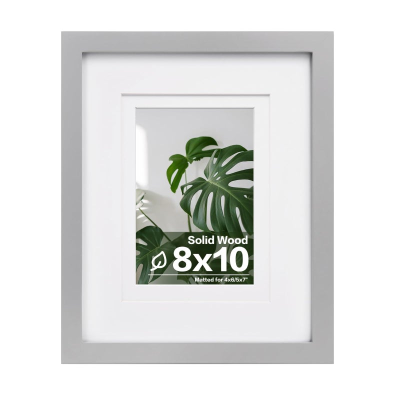 Egofine 8x10 Picture FrameMade of Solid Wood with Plexiglass, Display Pictures 4x6/5x7 with Mat or 8x10 Without Mat, for Tabletop and Wall Mounting Photo Frame, Light Gray - Image 1